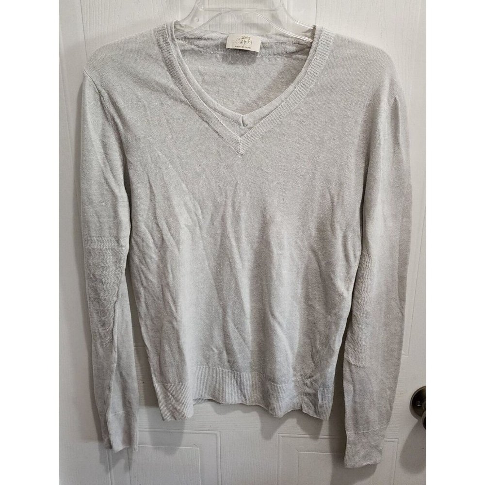100% Capri Italy Women's Long Sleeve V Neck Knit Top Gray/Silver 100% Linen Sz S